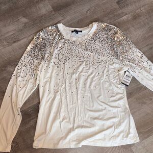INC International Concepts Silver Sequin White Blouse